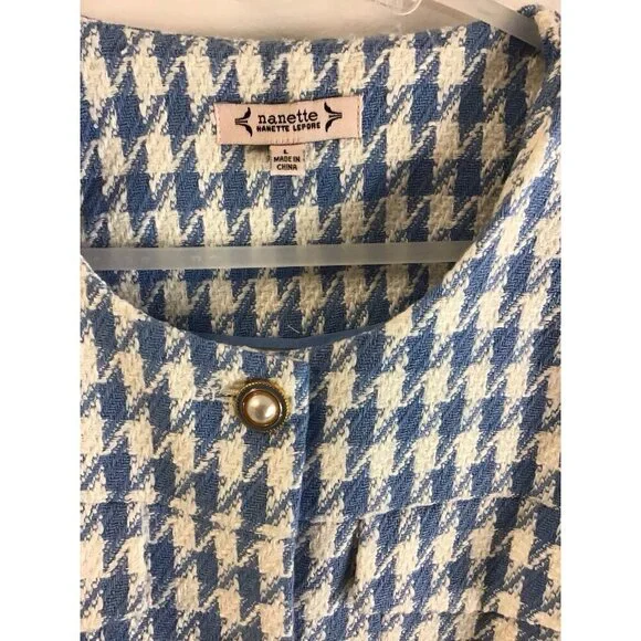 Nanette Lepore Jacket Blue/White Tweed with Pearl Buttons Sz L 🩵
